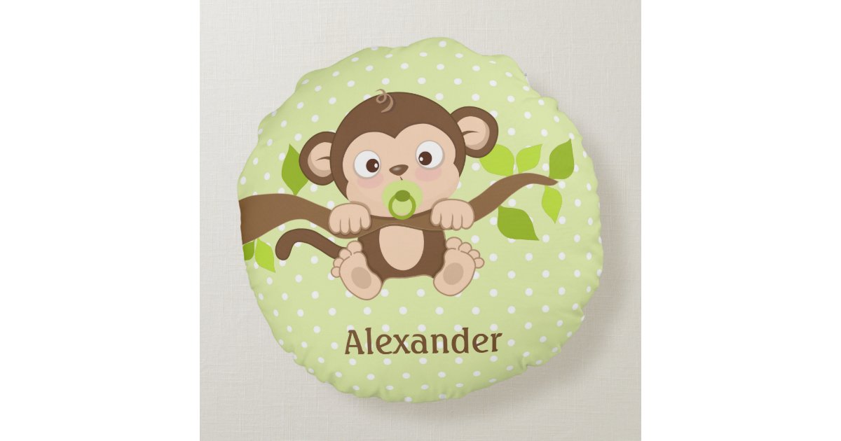 Cute Baby Monkey Green Polka Dots Round Pillow Zazzle
