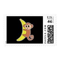 cute baby monkey on banana postage stamp