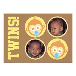 Cute Baby Monkey Twins with Photo Personalisation Personalized Invitations