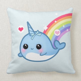 Cute baby narwhal and rainbow throwpillow