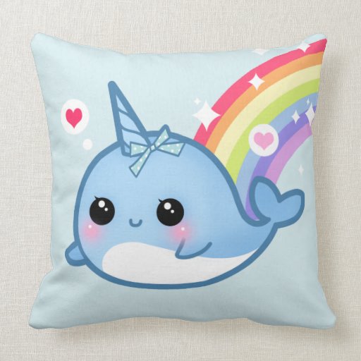 Cute baby narwhal and rainbow pillow