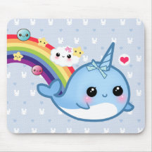 Cute baby narwhal with rainbow, clouds and stars mouse pads