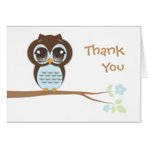 Cute Baby Owl in Blue Thank You Card