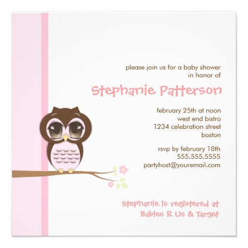 Cute Baby Owl Pink Girl Baby Shower Invitation