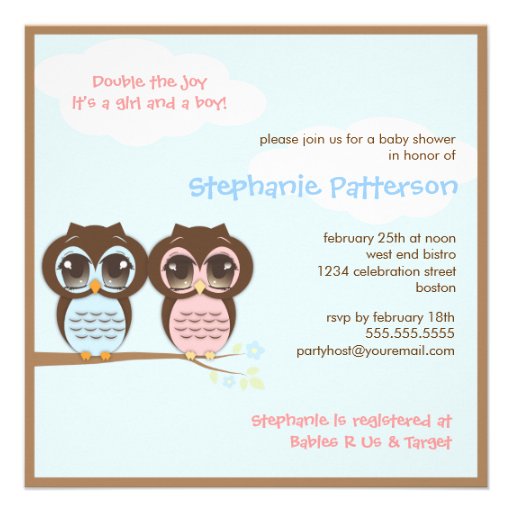 Cute Baby Owls Twins Baby Shower Invitation