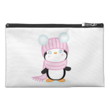 Cute baby peguin in pink hat and scarf. travel accessory bags