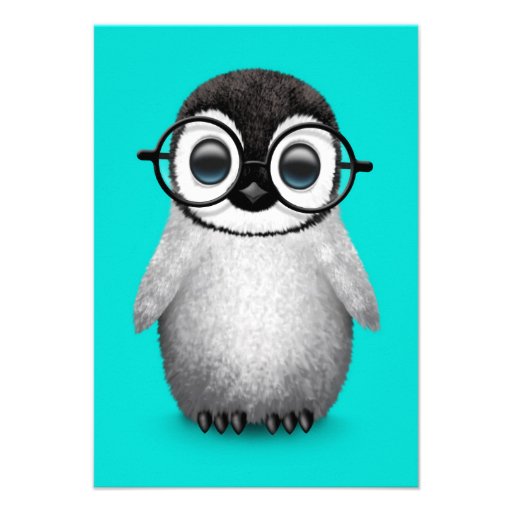 Cute Baby Penguin Wearing Eye Glasses on Blue Custom Invites