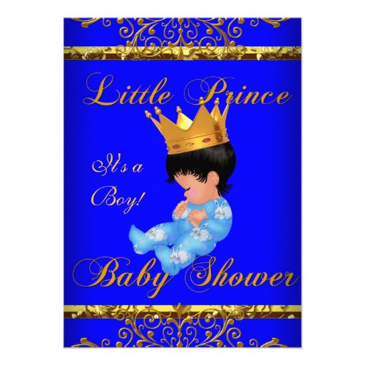 Cute Baby Shower Blue Gold Boy Prince Crown 3 Personalized Invitation