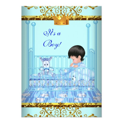 Cute Baby Shower Blue Gold Boy Prince Crown 4 Custom Invites