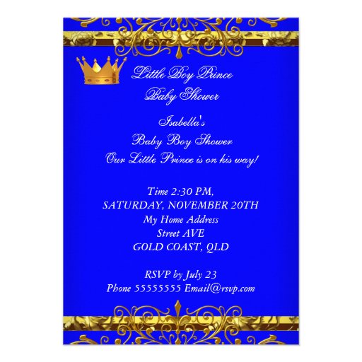 Cute Baby Shower Blue Gold Boy Prince Crown 4 Custom Announcements