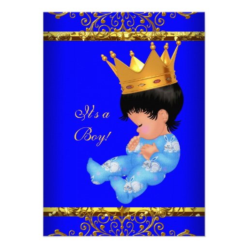 Cute Baby Shower Blue Gold Boy Prince Crown 4 Custom Announcements