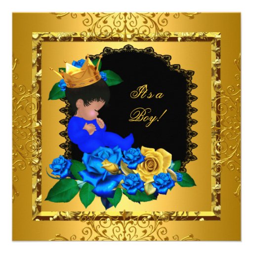 Cute Baby Shower Blue Gold Boy Prince Crown 5 Invitations