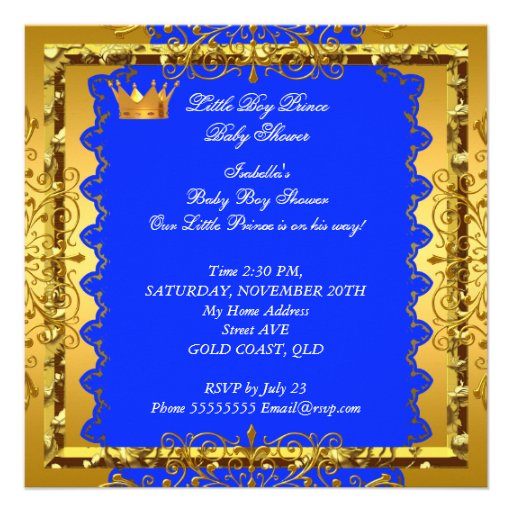 Cute Baby Shower Blue Gold Boy Prince Crown 5 Invitations
