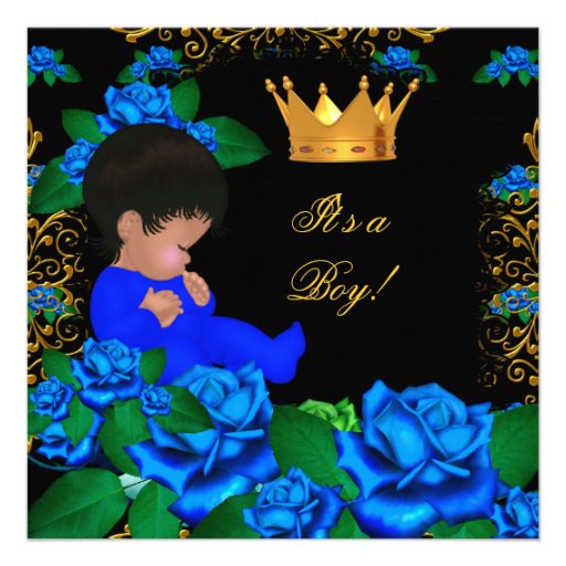 Cute Baby Shower Blue Gold Boy Prince Crown 8 Personalized Invite