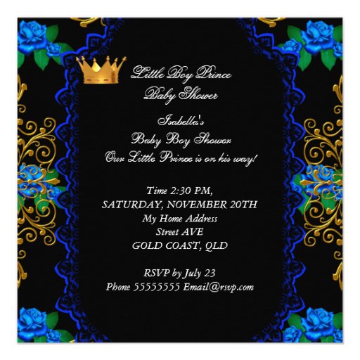 Cute Baby Shower Blue Gold Boy Prince Crown 8 Personalized Invite
