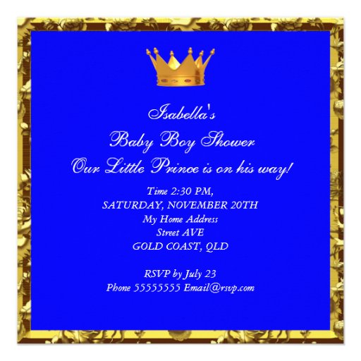 Cute Baby Shower Blue Gold Boy Prince Crown Custom Invites