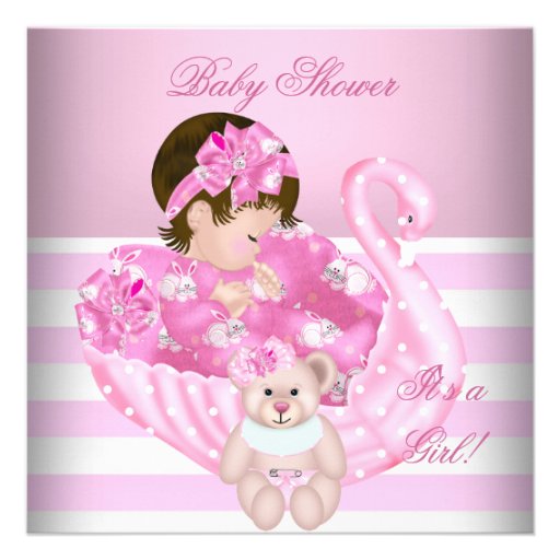 Cute Baby Shower Girl Baby Pink White Swan Invites