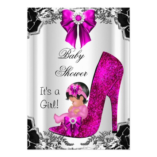 Cute Baby Shower Girl Hot Pink High Heel Floral Invitation