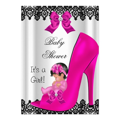 Cute Baby Shower Girl Hot Pink Shoe Black Lace Custom Invite