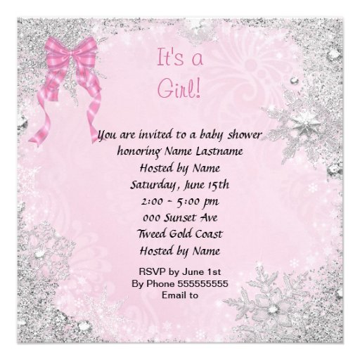 Cute Baby Shower Girl Kitten Pink Snowflakes Announcements