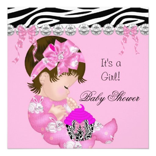 Cute Baby Shower Girl Pink Zebra cupcake 3 Personalized Announcements