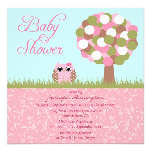 Cute baby shower pink owl tree party invitation