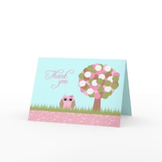 Cute baby shower pink owl tree thank you card
