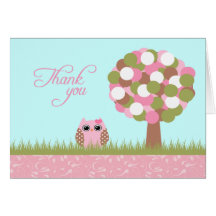 Cute baby shower pink owl tree thank you card