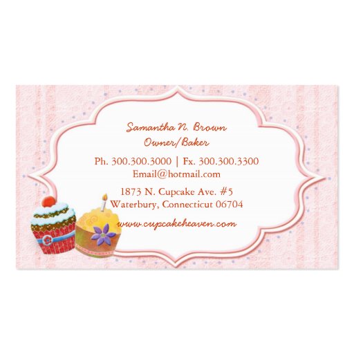 Cute Bakery Cupcake & Damask in Red Business Cards (back side)