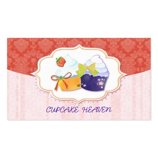 Cute Bakery Cupcake & Damask in Red Business Cards (front side)