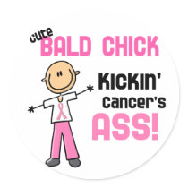 Cute Bald Chick Kicking Breast Cancer's Ass Round Sticker