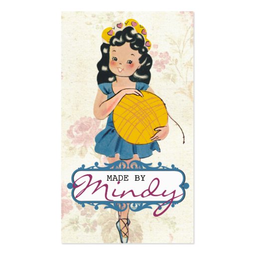 Cute ballerina girl knitting crochet ball of yarn business card templates (front side)