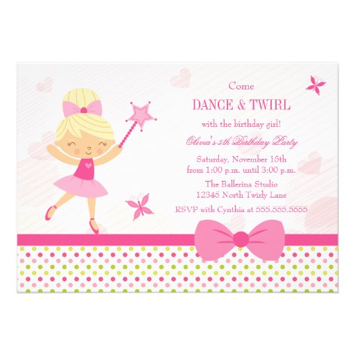 Cute ballerina girl's birthday party invitation (front side)