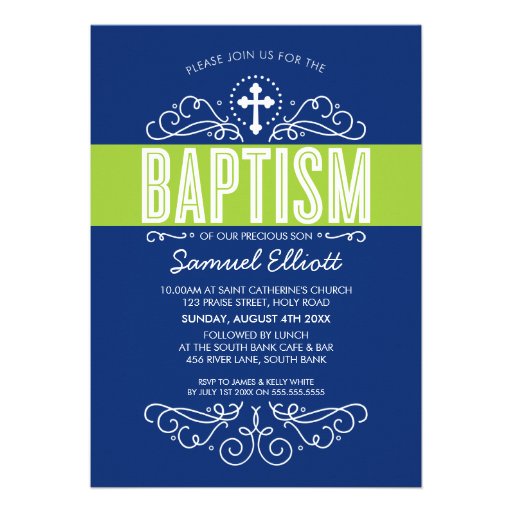 CUTE BAPTISM elegant swirls bold navy blue green Custom Invitations