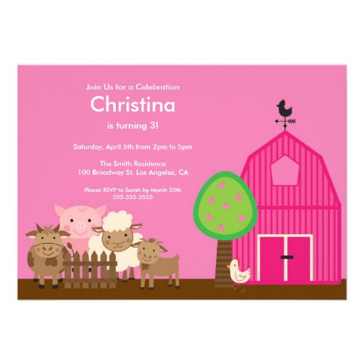 Cute Barn Yard Farm Animals Birthday Party Invite
