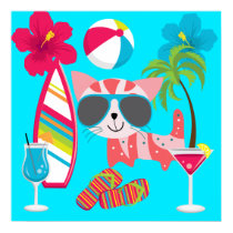 Cute Beach Bum Kitty Cat Sunglasses Beach Ball Poster