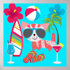 Cute Beach Bum Kitty Cat Sunglasses Beach Ball Poster