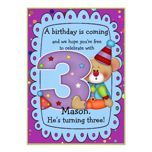 Cute Bear Birthday Invite Age 3