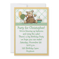 Cute Bear Green Birthday Invitation