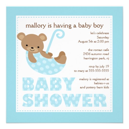 Cute Bear Umbrella Boy Baby Shower Invitation