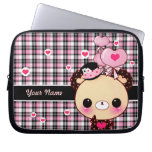 Cute bear with balloons on black and pink plaid laptop sleeves