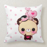 Cute bear with balloons on pink & white polka dots throw pillow