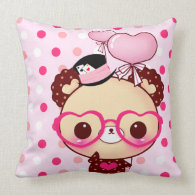 Cute bear with glasses on pink & white polka dots throwpillow