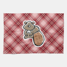 Cute Beaver; Red Plaid Hand Towels