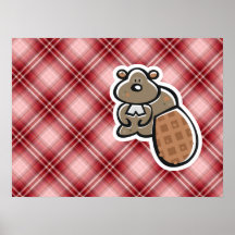 Cute Beaver; Red Plaid Print
