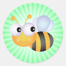 Cute Bee; Green Round Sticker