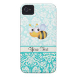 Cute Bee; Teal Damask Pattern iPhone 4 Cases