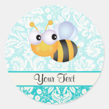 Cute Bee; Teal Damask Pattern Round Stickers