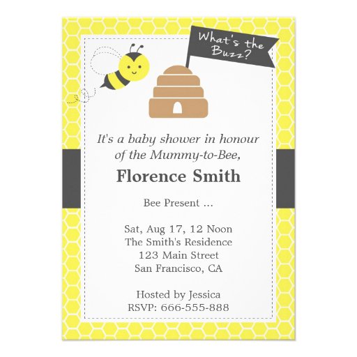 Cute Bee Theme Baby Shower In Yellow and Dark Grey Custom Invitation (front side)