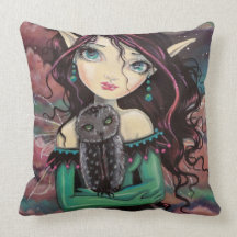 Cute Big-Eye Gothic Fairy and Owl Throw Pillow